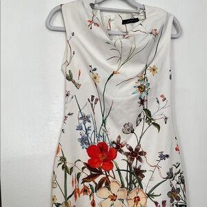Zara White Floral Cowl-Neck Midi Dress with Red Bloom